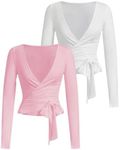 SweatyRocks Women's 2 Pack Yoga Shirts Wrap Ruched Tie Front Long Sleeve Workout T Shirts Pink and White Medium