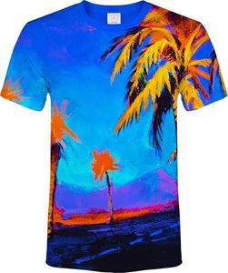 aofmoka Neon Glow Blacklight Palm Tree Mens Tee Lightweight Fit Luminous Visuals Festival Wear Bright Under UV Vibrant Colors Tropical Artwork Palms Blue Sky Orange Style Sun Beach XL Male T-Shirt