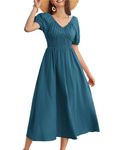 GRACE KARIN Women Summer Beach Dress Wedding Guest Dark Blue Short Sleeve Maxi A-Line Smocked Dresses for Evening Party Dinner L Size 18