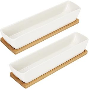 BELLE VOUS White Ceramic Rectangular Succulent Pots with Bamboo Trays (2 Pack) - L24 x W5.5 x H4cm/9.45 x 2.16 x 1.57 Inches - Indoor/Outdoor Planters for Home, Office & Desk/Table