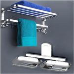 Plantex Stainless Steel 304 Grade Dual Folding Towel Rack for Bathroom with Double Soap Dish/Holder/Bathroom Organizer/Bathroom Accessories - Chrome