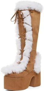 VIMISAOI Womens Mid Calf Boots, Lace Up Zip Block Chunky High Heel Punk Goth Warm Fur Winter Snow Platform Boots