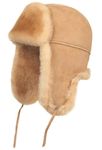 Zavelio Unisex Shearling Sheepskin Leather Aviator Russian Ushanka Trapper Winter Fur Hat, Tan, Large
