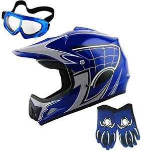 WOW Youth Motocross Helmet BMX MX ATV Dirt Bike Helmet Spider Web Blue + Goggles + Martian Skull Blue Glove Bundle