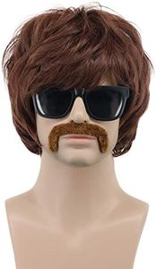 VGbeaty 60s 70s 80s Mens Disco Wig Brown Short Rocker Singer Star Wig with Mustache Sonny Bono Hippie Halloween Cosplay Party Wig