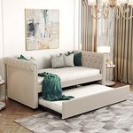 Merax Daybed Bed Frame with Upholstered Armrest and Wood Slats No Box Spring Needed, Dual-Use Sofa for Bedroom or Living Room Platform, Twin w/Trundle, Tufted Beige