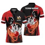 Unisex Bowling Polo Shirt Customized Red Fire Bowling Short Sleeve Shirt for Bowling Team 3D Bowling Clothing, Black, Large