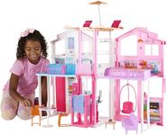 Barbie 3-Story Townhouse Dollhouse with Elevator, Swing Chair, Furniture and Accessories, Fold for Portability and Travel, DLY32