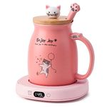 Bsigo Coffee Mug Warmer & Cute Cat Mug Set, Candle Mug Warmer for Home & Office, Electric Smart Coffee Warmer for Desk, Beverage Tea Coffee Cup Warmer with 3-Temp Settings, 8H Auto Shut Off, Pink