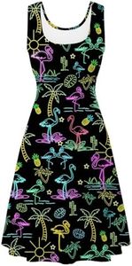 Fanient Women Dresses Neon Flamingo Sleeveless Dresses Midi Scoop Neck Sundress for Beach Party XL