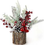 Small Christmas Tree Tabletop Artificial Mini Christmas Tree Decorations with Holiday Ornaments Red Berry Pine Cone Greenery for Home Indoor Fireplace Mantel Xmas Decor (Tree Stump-Red)