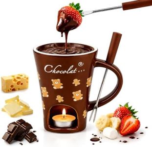 Chocolate Fondue Mug, Mini Personal Chocolate Melting Cup with Dipping Fork & Tealight Candle, Small Melting Pot for Chocolate, Cheese and Butter. Ideal Gift for Holidays & Birthdays (Coffee)