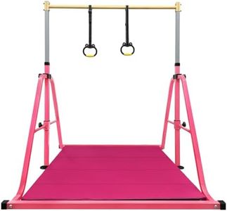 Peakpath Foldable Gymnastics Kip Bar with Mat and Ring Set,3' to 5' Height Adjustable,Kids Gymnastic Equipment for Ages 3-15,Indoor and Home Training- Max Load 350LBS