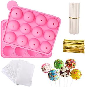 JULMELON Cake Pop Mold,12pcs Capacity Silicone Cake Pop Mold Set, Cake Pop Maker with 100pcs Cake Pop Sticks 100pcs Candy Treat Bags100pcs Gold Ties for Lollipop Candy Chocolate Making and Packing