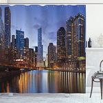 Ambesonne Urban Shower Curtain, Chicago Riverside Bridge Scene Modern USA Boho Cityscape Nighttime View Photo, Cloth Fabric Bathroom Decor Set with Hooks, 69" W x 70" L, Night Blue