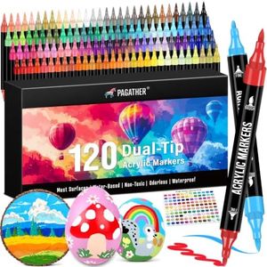 Pagather 120 Colors Acrylic Paint Markers, Dual Tip Fine Tip and Brush Tip Pens Contain 24 Metallic Color for Stone, Wood, Calligraphy, Canvas, Ceramic, Metal, Glass, Rock Painting, DIY Crafts
