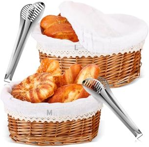 Ziliny 2 Pcs Bread Baskets for Serving with Cloth 2 Size Wicker Baskets with 2 Removable Liners 2 Lids Removable Covers and 2 Kitchen Serving Tongs for Kitchen Sourdough Bread Pantry(Natural)