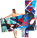 Marvel Spiderman Towel Set for Kids - Bundle with 27x54" Miles Morales Towel, Stickers and More (Miles Morales Spiderman Pool and Bathroom Set)