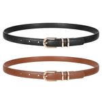 JASGOOD 2 Pack Women Skinny Leather Belts for Jeans Pants Thin Faux Leather Belt with Gold Buckle,Black+Brown