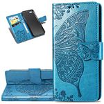 LEECOCO iPhone 6S Case Premium PU Leather Flip Wallet Case Butterfly Embossed Full Body Protection Flip Stand Card Holder Magnetic Cover for iPhone 6 / iPhone 6S Big Butterfly Blue SD