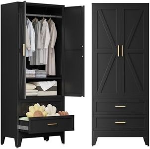 COFaR Metal Wardrobe Cabinet, 71 Farmhouse Armoire Wardrobe Closet with Rods, 2 Barn Doors, Adjustable Shelves, Steel with 2 Drawer Bedroom armoires, Black