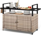 YITAHOME Large Outdoor Kitchen Wicker Island Rolling Cart &Bar Table, Wheels and Black Glass Table Top for Patio, Poolside and Backyard (Light Brown)