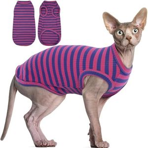 BRKURLEG Sphynx Hairless Cats Shirt Puppy Clothes Soft Cotton T-Shirts Cute Cats Pajamas Cat Stripes Vest Pet Clothes, Round Collar Vest Kitten Shirts(Pink-Blue Stripes, XL)
