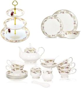 ACMLIFE Bone China Dinnerware Set, Bone China Tea Set 21-Piece English Tea Cups Set of 6 and 3-Tier Serving Stand