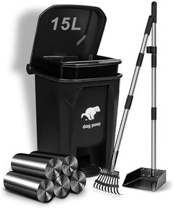 Uppcasir Dog Poop Trash Can Outside with Pooper Scooper, Dog Waste Trash Can with Lid, Pedal and Removable Inner Waste Bin, Outdoor Dog Poop Trash Can with Metal Rake & Tray and 100 Bags, Black