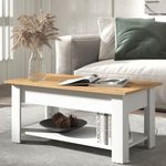 Galano Brixburn Lift Up Coffee Table - Modern Distressed Oak Finish - Storage Cabinet for Entryway - Foyer - Living Room - Space Saving (White/Oak)