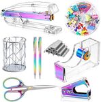 Famassi Dream Color Acrylic Stapler and Tape Dispenser Set, Office Supplies Stapler, Tape Dispenser, Stapler Remover, 2 Ballpoint Pen, Scissor, Binder Clips, Paper Clips and 1000pcs Staples.