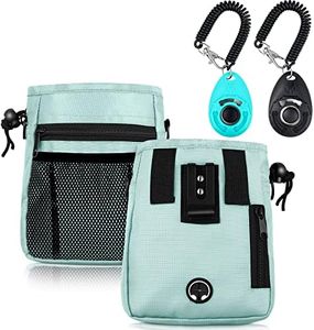 Dog Clicker Training Kit, 1 Dog Treat Training Pouch and 2 Pieces Pet Training Clicker with Wrist Strap, Built in Poop Bag Dispenser Easily Carrying Pet Toys Treats (Mint Green, Abstract Pattern)