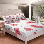 Watermelon Bedding Set Kids Boys Girls Delicious Fruit Print Fitted Sheet Watermelon Seeds Bed Sheet Set Cool Summer Bed Cover,Room Decor 3Pcs Sheets Full Size