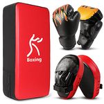 Odoland 3-in-1 Boxing Gloves Punching Mitts Kick Pad Pack Set for Kids, Boxing Mitts Focus Pads, Taekwondo Kick Pad, Kids Boxing Gloves for Boxing, Red