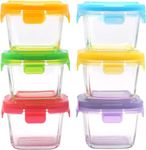 ARSUK Baby Glass Food Storage Containers 6pcs x 150ml Square Airtight BPA-Free Plastic Locking Lids with Silicone Seals for Toddler Foods, Fruit Juices