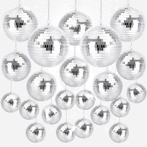 Youdepot 22 Pcs Reflective Mirror Disco Balls with 10m Fishing Line – Assorted Hanging Mini Silver Balls for Light Effects, Wedding, 70s Party, Dance, Prom Decor