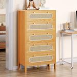 DWVO 47" Tall Natural Rattan 5 Drawer Dresser, Boho Dresser Chest of Drawers with Golden Handles, Wood Dresser Storage Cabinet for Hallway, Entryway, Hold up to 300lbs - Oak