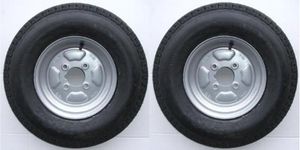 A pair of 500 x 10 inch trailer wheels and tyres with 4 ply tyre and 4 inch PCD (NOT SUITABLE FOR ERDE TRAILERS) LMX1600 PLEASE DO NOT BUY UNTIL YOU HAVE CHECKED YOUR PCD