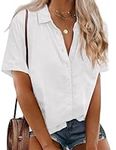 IN'VOLAND Womens Plus Size Linen Button Down Shirt Short Sleeve Blouses V Neck Collared Shirt Summer Beach Cotton Tops White