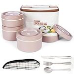 BELLE VOUS 5-Piece Portable Insulated Lunch Container Set with Cutlery - 4 Stainless Steel Leakproof Stackable Food Bento Boxes with Thermal Bag - Lunch Box Set for Adults/Students - Brown