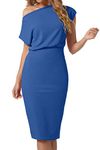 PCEAIIH Women's Off The Shoulder Wrap Dress Casual Short Sleeve Ribbed Party Bodycon Midi Dresses XL Royal Blue