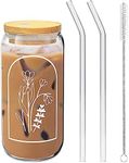 Aesthetic Floral Glass Gifts For Her - 20oz Iced Coffee Cup w/ Bamboo Lid & Glass Straw Set - Flower Coffee Cup - Cute Floral Can Glass Cups With Lid & Straw - Gift Idea for Coffee Lovers, Best friend