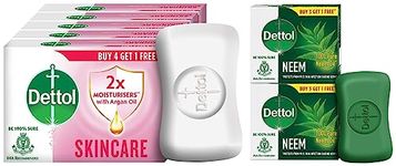 Dettol Skincare Moisturizing Bathing Soap Bar With Glycerine (Buy 4 Get 1 Free - 125G Each) & Dettol Neem Bathing Soap Bar with Pure Neem Oil, 75g (Buy 3 Get 1 Free) Pack of 2