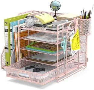 HUHOLE 5 Tier Desk Organizer with File Holder, PInk Mesh Paper Letter Tray Organizer with File Clip, USB Clip, Wire Desk Accessories & Workspace Organizers for Office Supplies or School Supplies