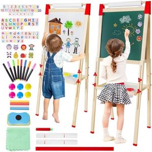 Kids Easel with Paper Roll Double-Sided Wooden Art Easel Easel for Kids Whiteboard & Chalkboard Adjustable Standing Toddler Easel with Accessories Birthday Gift for Boys and Girls