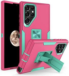 UEEBAI Case for Samsung Galaxy S22 Ultra 5G, Silicone Tough Rugged Dual Layer Phone Case with Hybrid Kickstand Full Body Protective Cover with Military Armor Level Shockproof - Rose Red