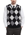 KALLSPIN Men's Argyle Vest Sweater Wool Blend V-Neck Sleeveless Pullover Sweater(Black,Large)