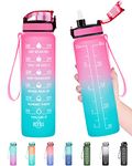 Enerbone 32 oz Water Bottle, Leakproof BPA & Toxic Free, Motivational Water Bottle with Times to Drink and Straw, Fitness Sports Water Bottle with Strap for Office, Gym, Outdoor Sports, Pink-Green