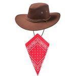 Dark Brown Cowboy Hat and Red Bandana Western Sun Cap Faux Felt Leather Suede Fancy Dress Party Costume Outfit Neckscarf Sun Protection Mens Womens