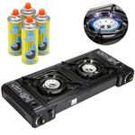 Taylor & Brown Black Portable Dual Burner Camping Stove with 4 Butane Gas | EN417 Compliant Premium Camping Stove Gas Portable | with Automatic Ignition & Heat Control